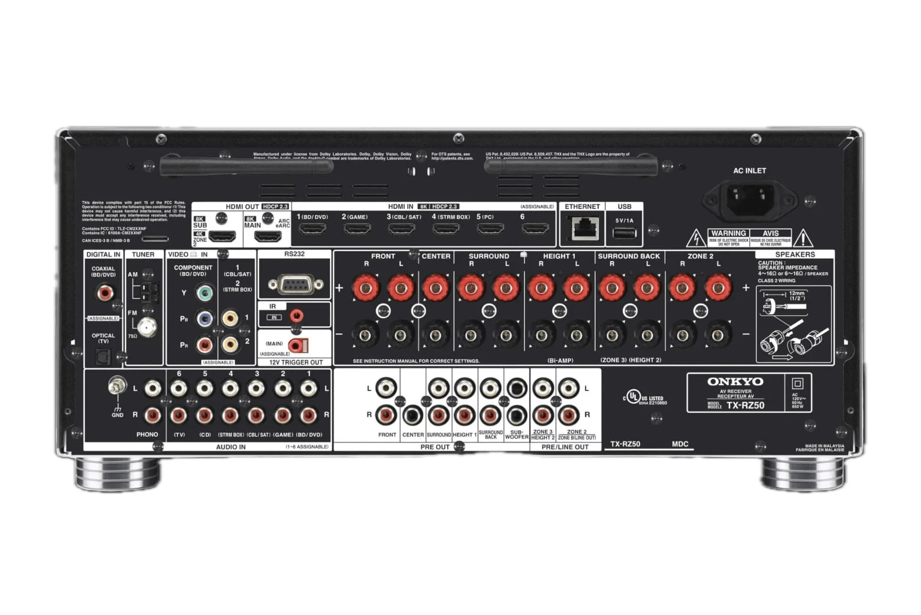 Onkyo AV Receivers Onkyo - TX-RZ50 9.2-Channel THX Certified AV Receiver, back of unit