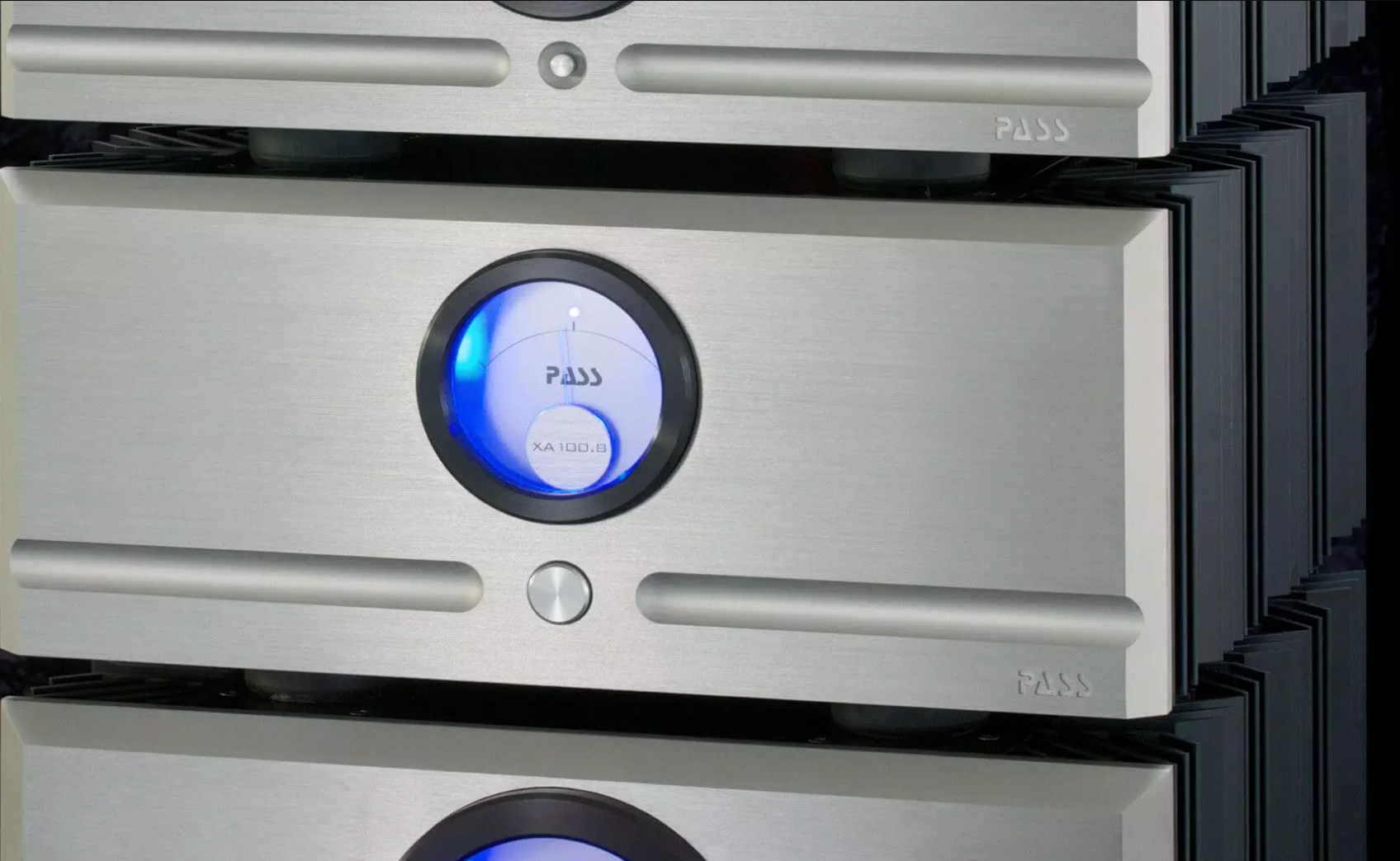 Pass Labs XA100.8 Class A Monoblock Amplifier in silver, close up