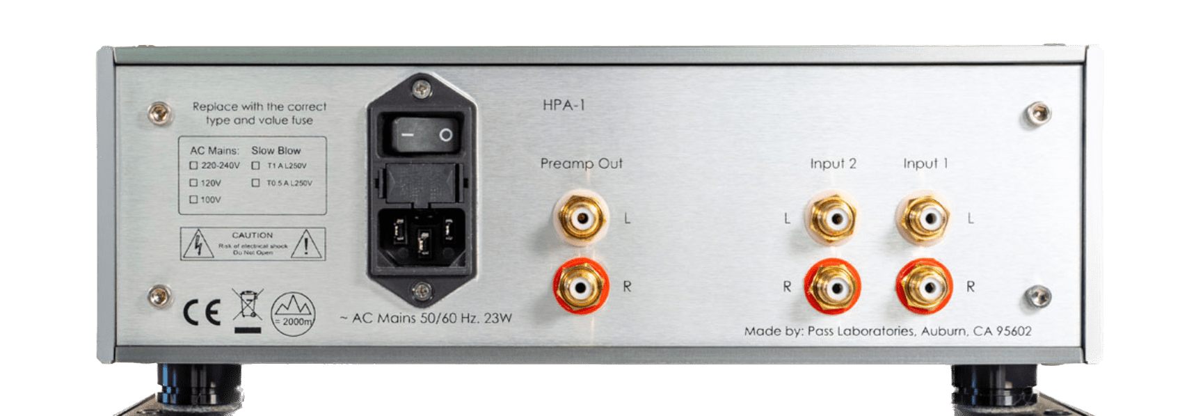 Pass Labs HPA-1C Stereo Headphone Amplifier in Silver, rear of unit