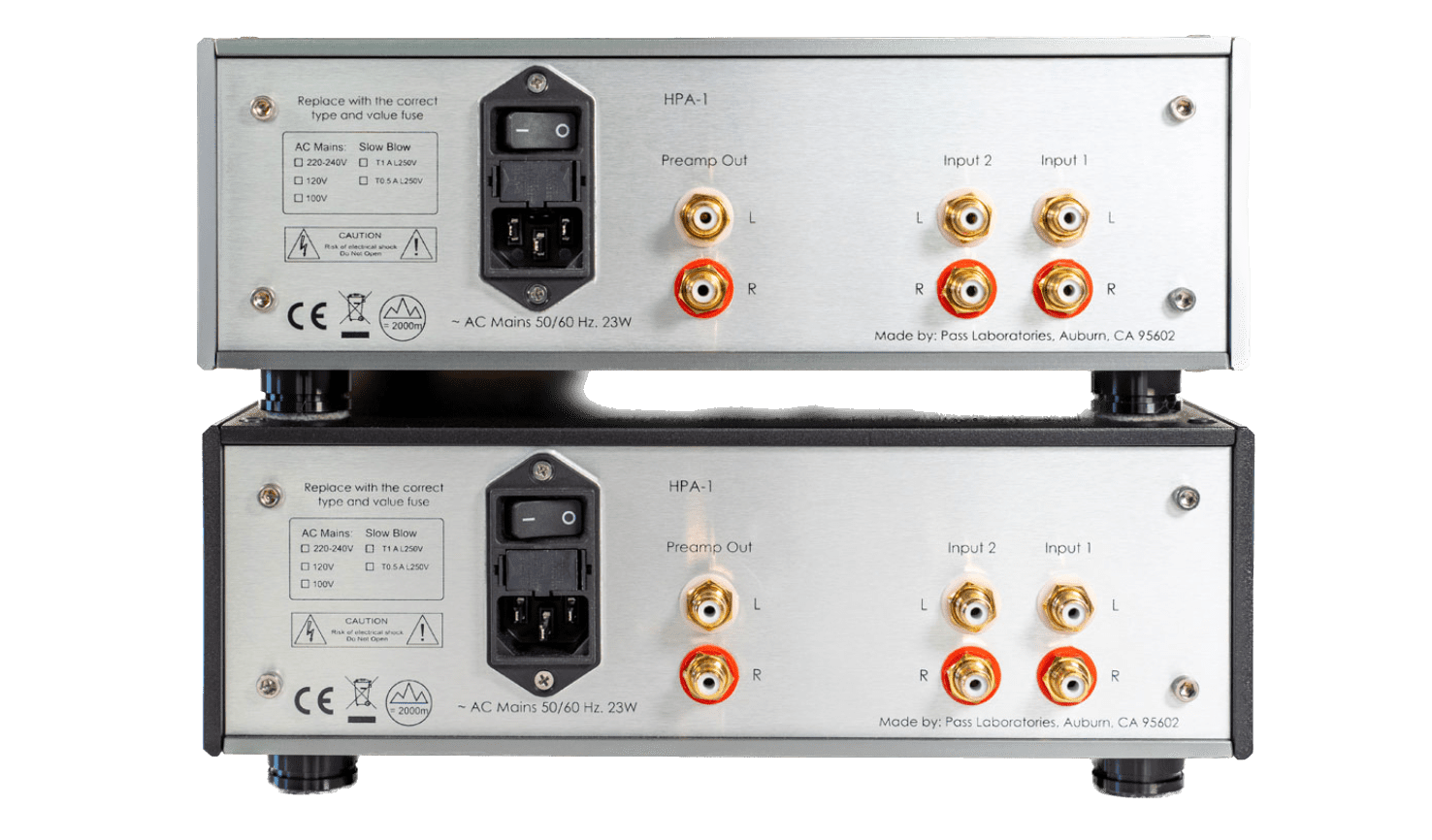 Pass Labs HPA-1C Stereo Headphone Amplifier , combo in Silver and Black, rear of units