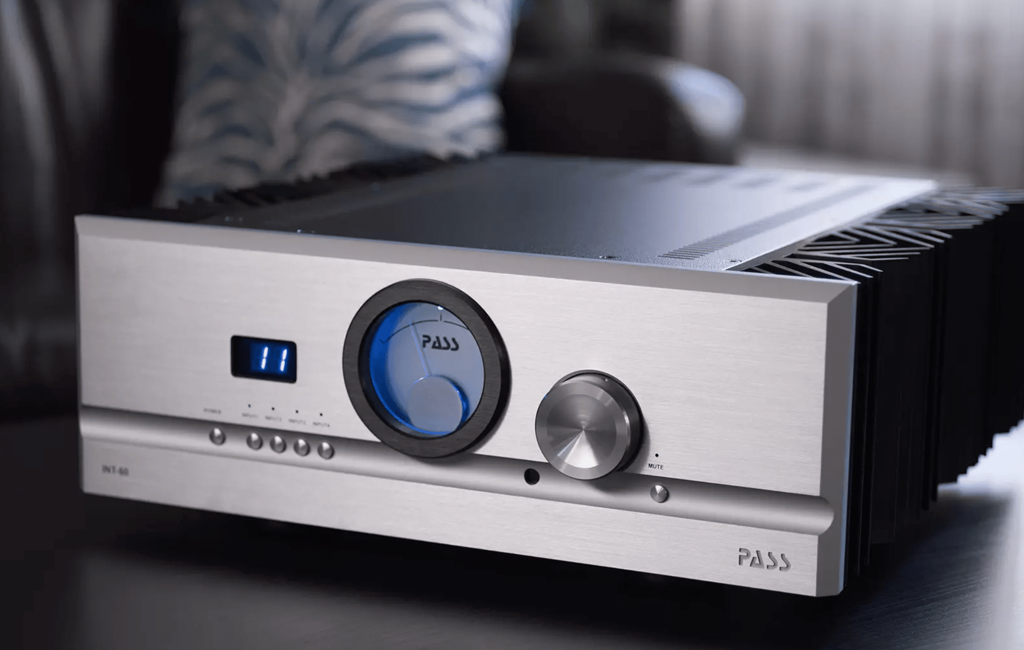 Pass Labs INT-60 Integrated Amplifier in silver, angled to the left