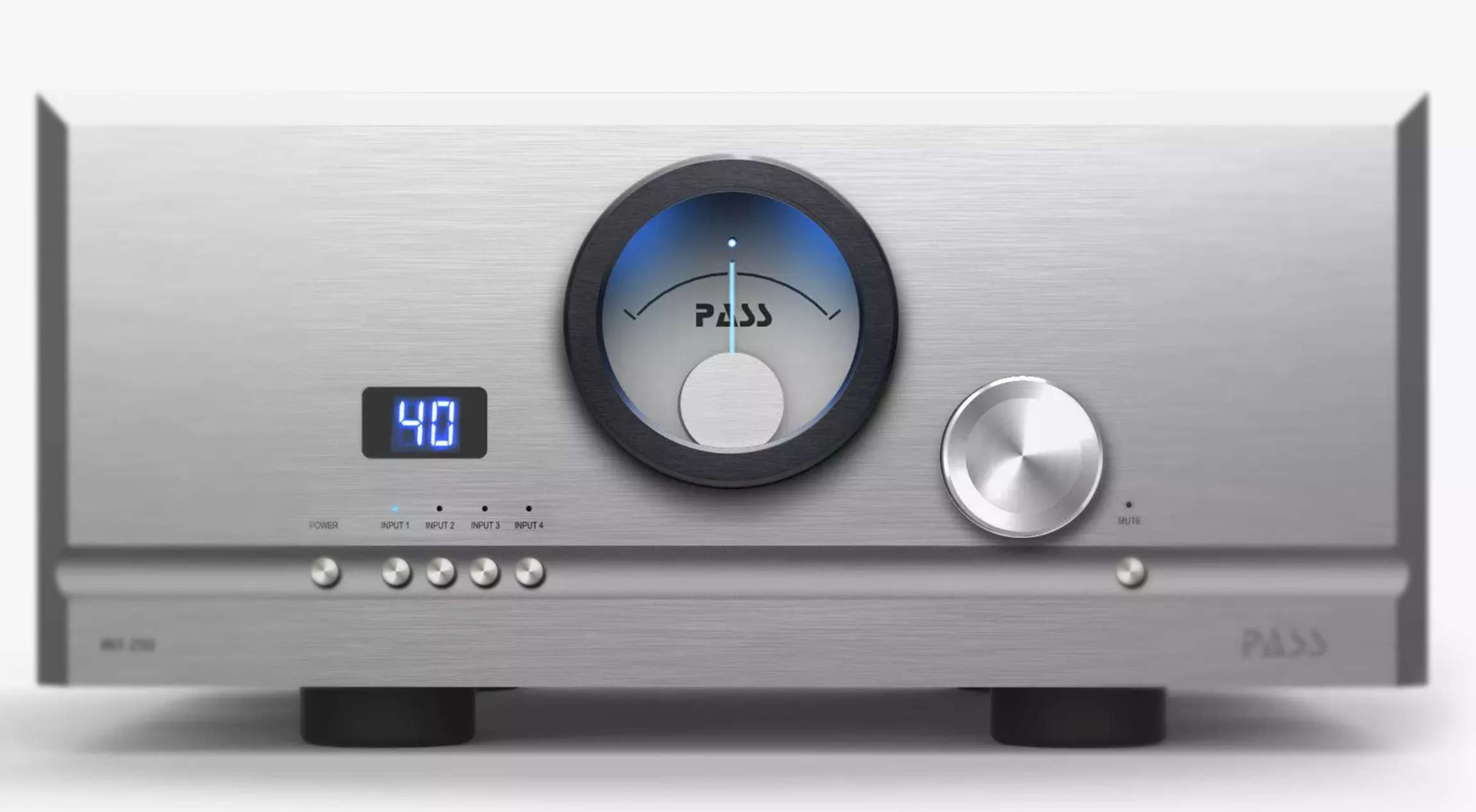 Pass Labs INT-250 Integrated Amplifier in silver, front