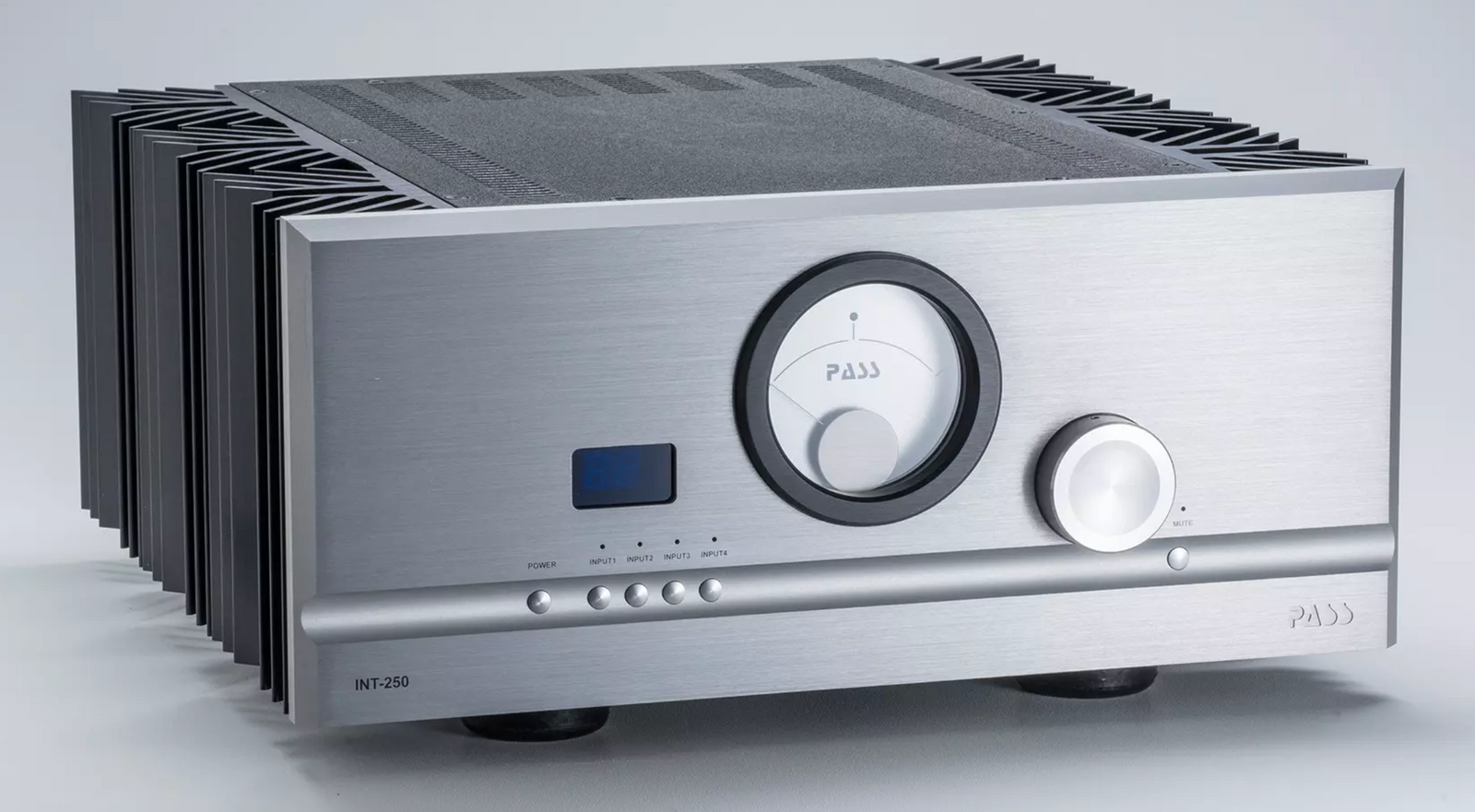 Pass Labs INT-250 Integrated Amplifier in silver, on an angle