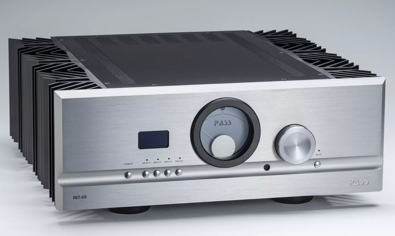 Pass Labs INT-60 Integrated Amplifier in silver, angled to the right