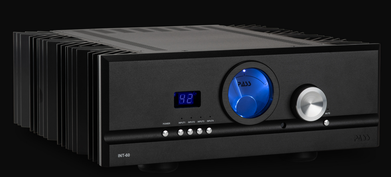 Pass Labs INT-60 Integrated Amplifier in black, angled to the right