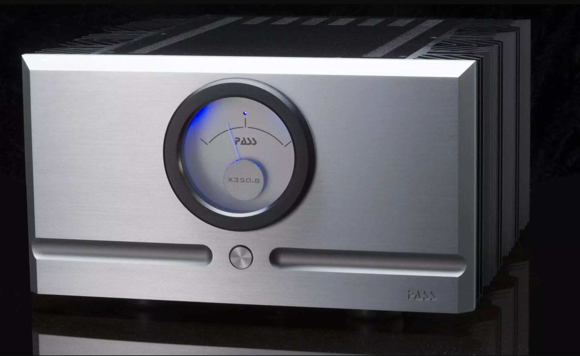 Pass Labs X350.8 Power Amplifier, hero image in silver