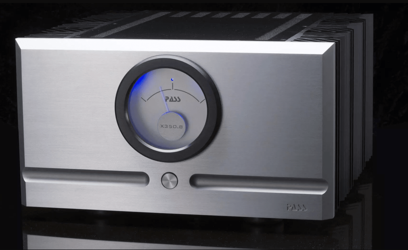 Pass Labs X350.8 Power Amplifier, hero image in silver