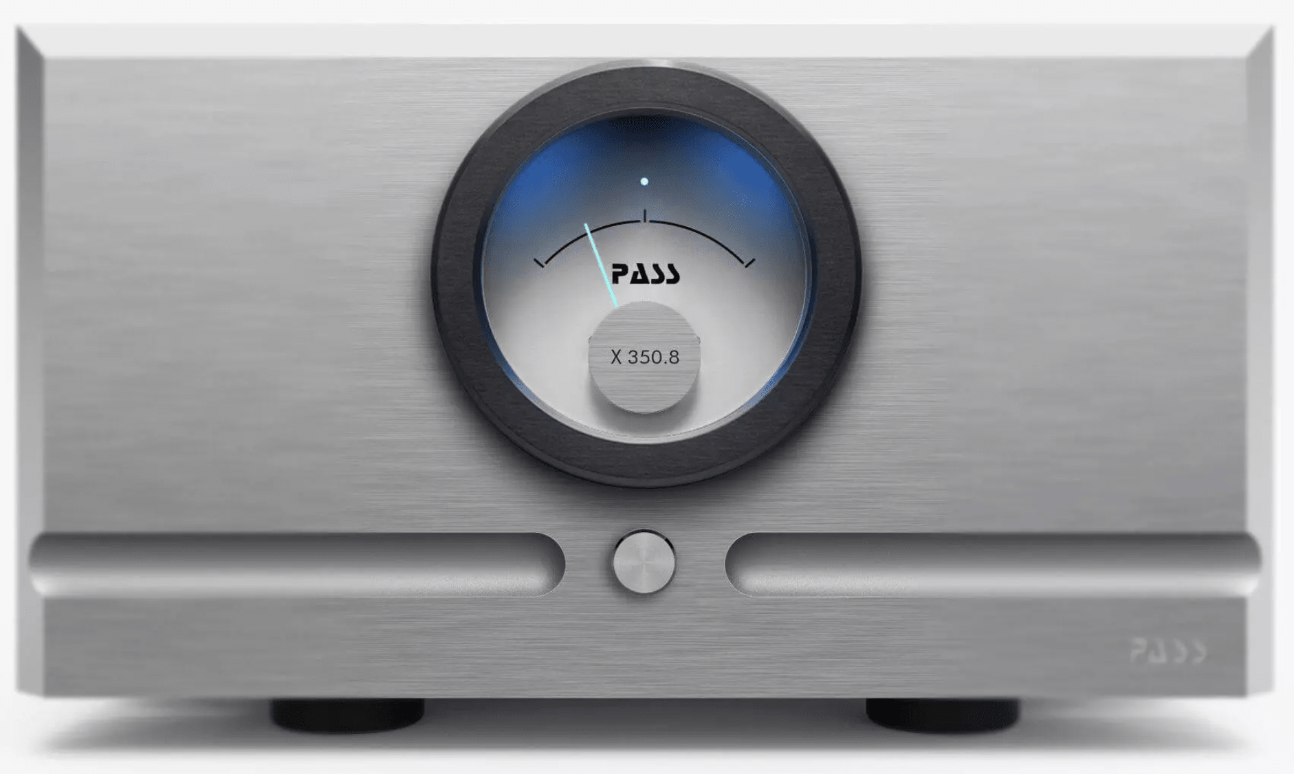 Pass Labs X350.8 Power Amplifier, front of unit in silver