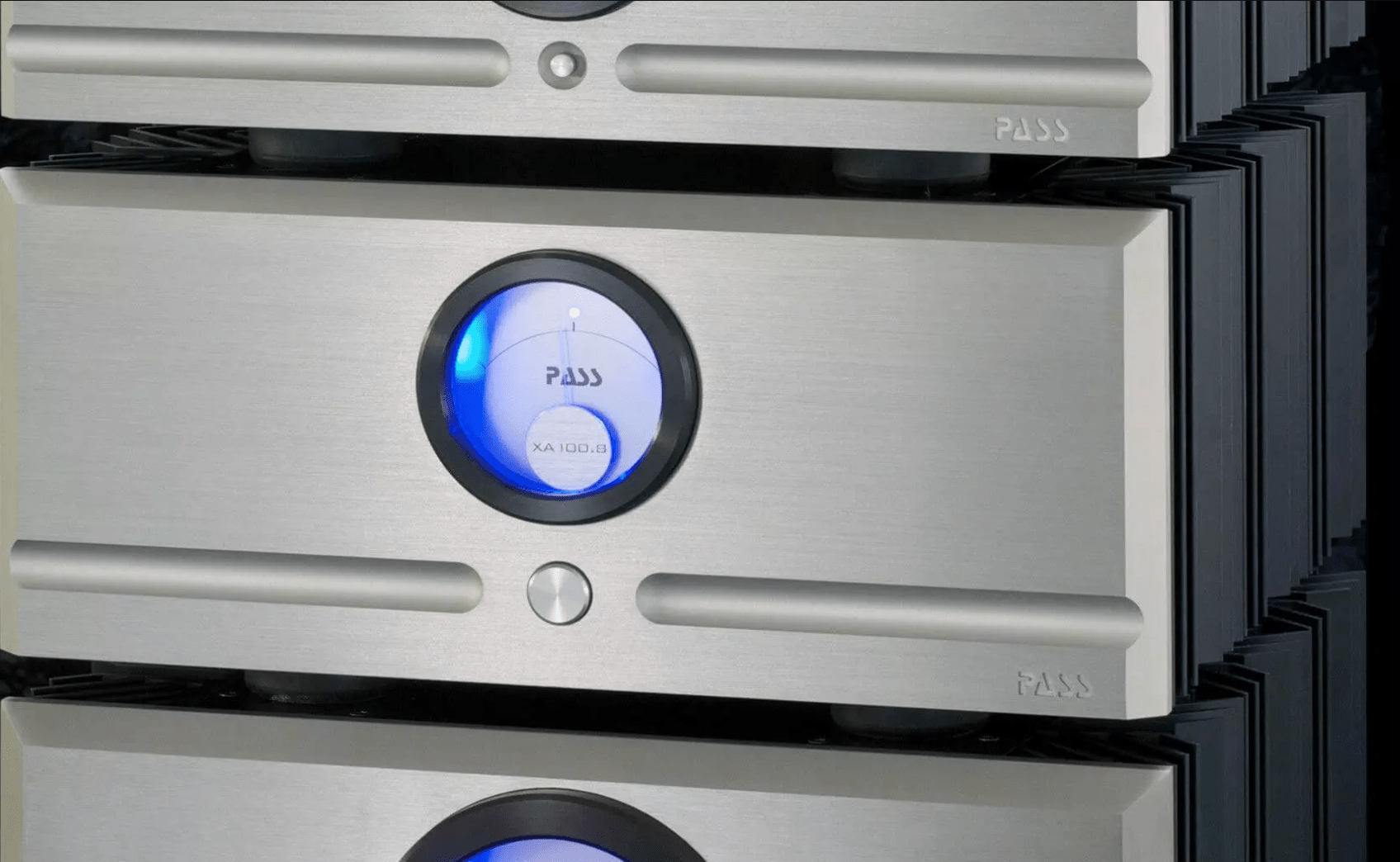 Pass Labs XA100.8 Class A Monoblock Amplifier in silver, close up