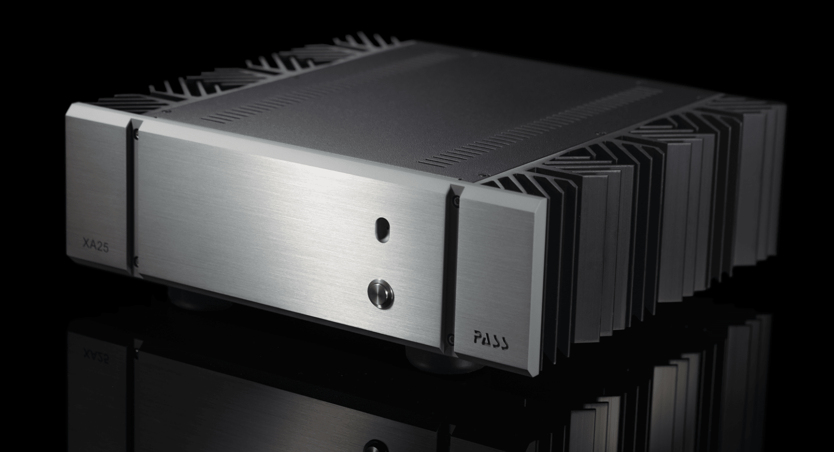 Pass Labs XA25 Stereo Amplifier, silver front and angled