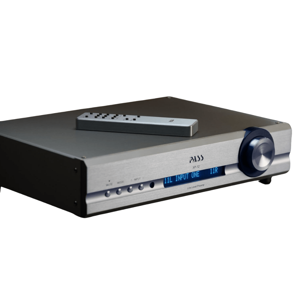 Pass Labs XP-12 Preamplifier in Silver, angled with remote control