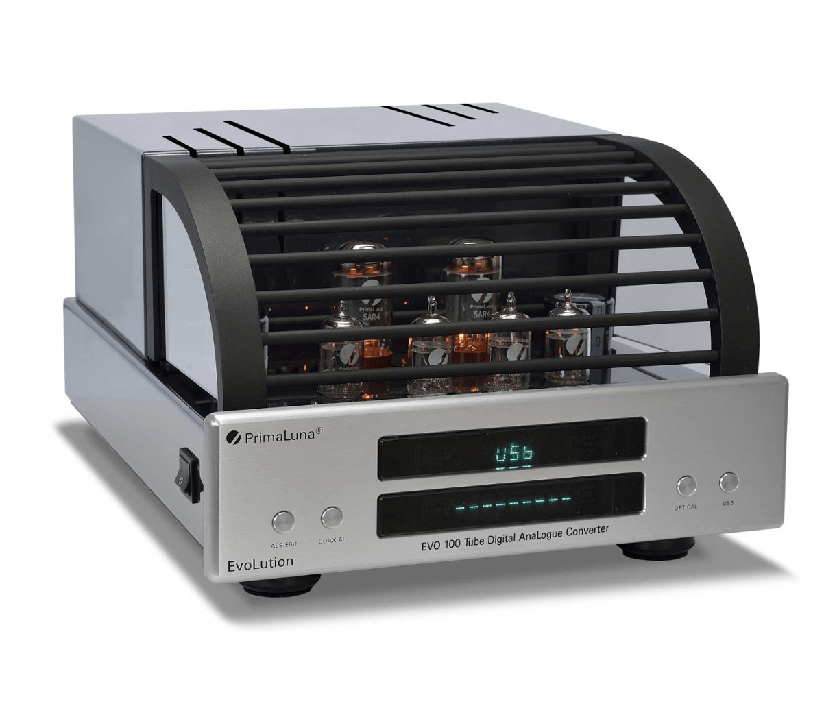 PrimaLuna EVO 100 Tube Digital Analog Converter in Silver, on an angle