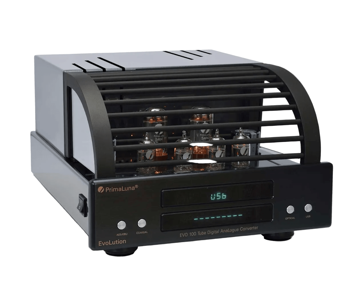 PrimaLuna EVO 100 Tube Digital Analog Converter in Black, on an angle
