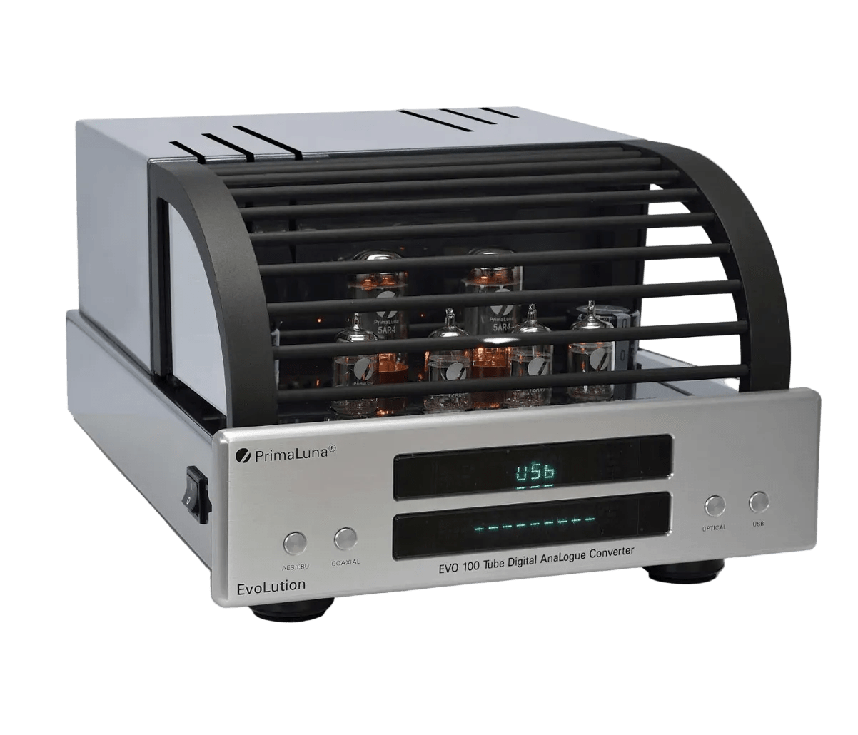 PrimaLuna EVO 100 Tube Digital Analog Converter in Silver, on an angle