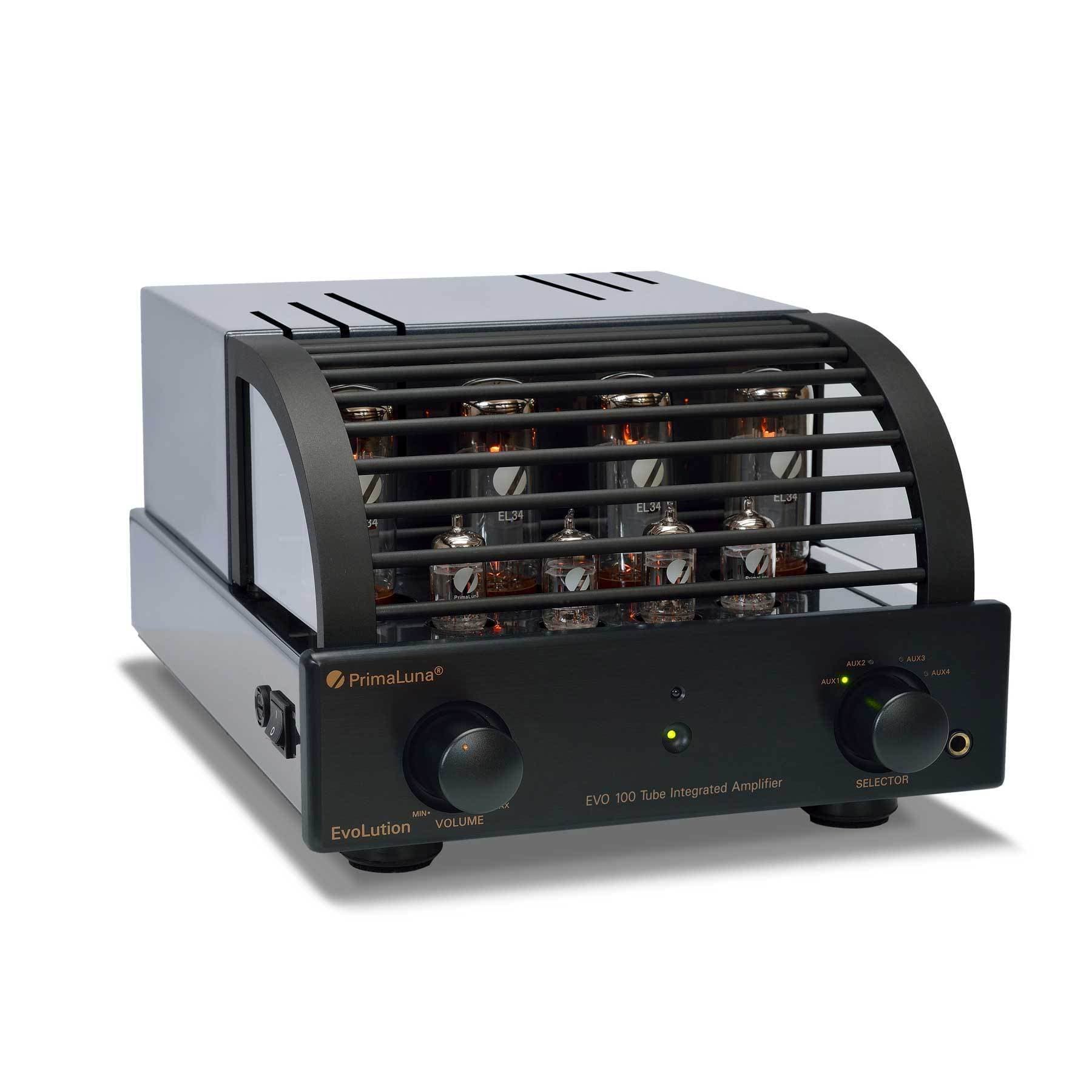 PrimaLuna EVO 100 Tube Integrated Amplifier in Black, with cover on an angle. Available with or without MM Phono Stage
