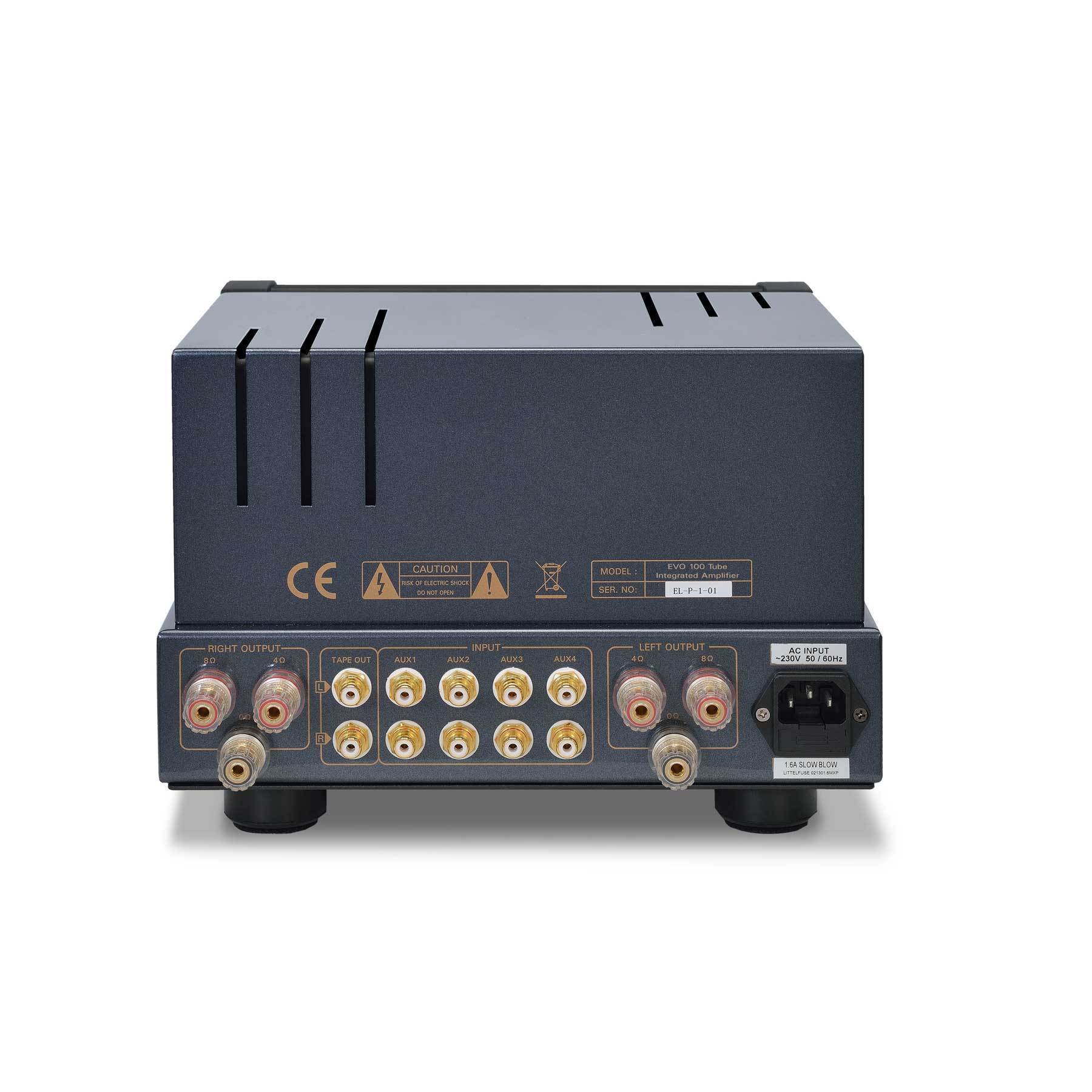 PrimaLuna EVO 100 Tube Integrated Amplifier in Black, rear of unit. Available with or without MM Phono Stage