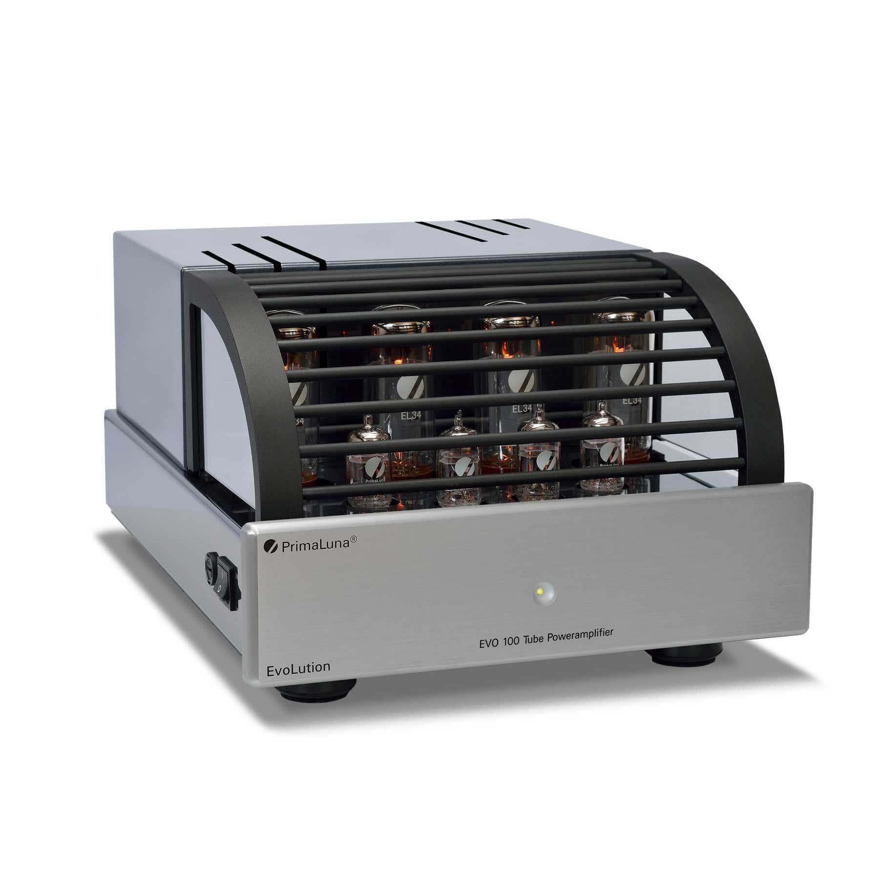 PrimaLuna EVO 100 Tube Power Amplifier in silver, with cover, shown on an angle