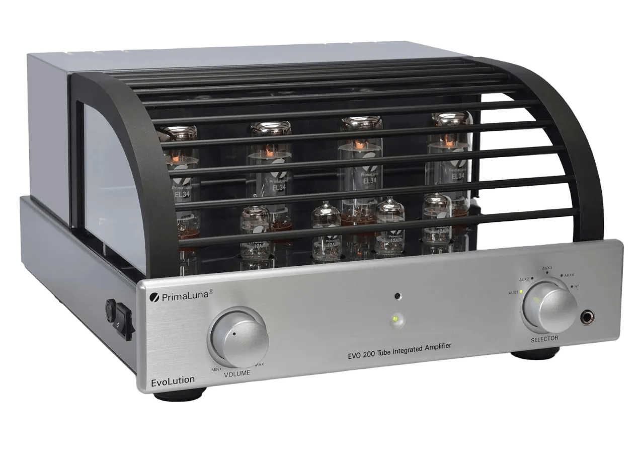 PrimaLuna EVO 200 Tube Integrated Amplifier in Silver with cover on an angle