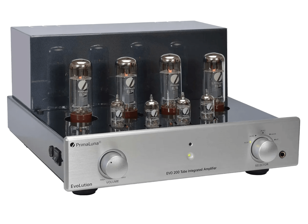 PrimaLuna EVO 200 Tube Integrated Amplifier in Silver without cover on an angle