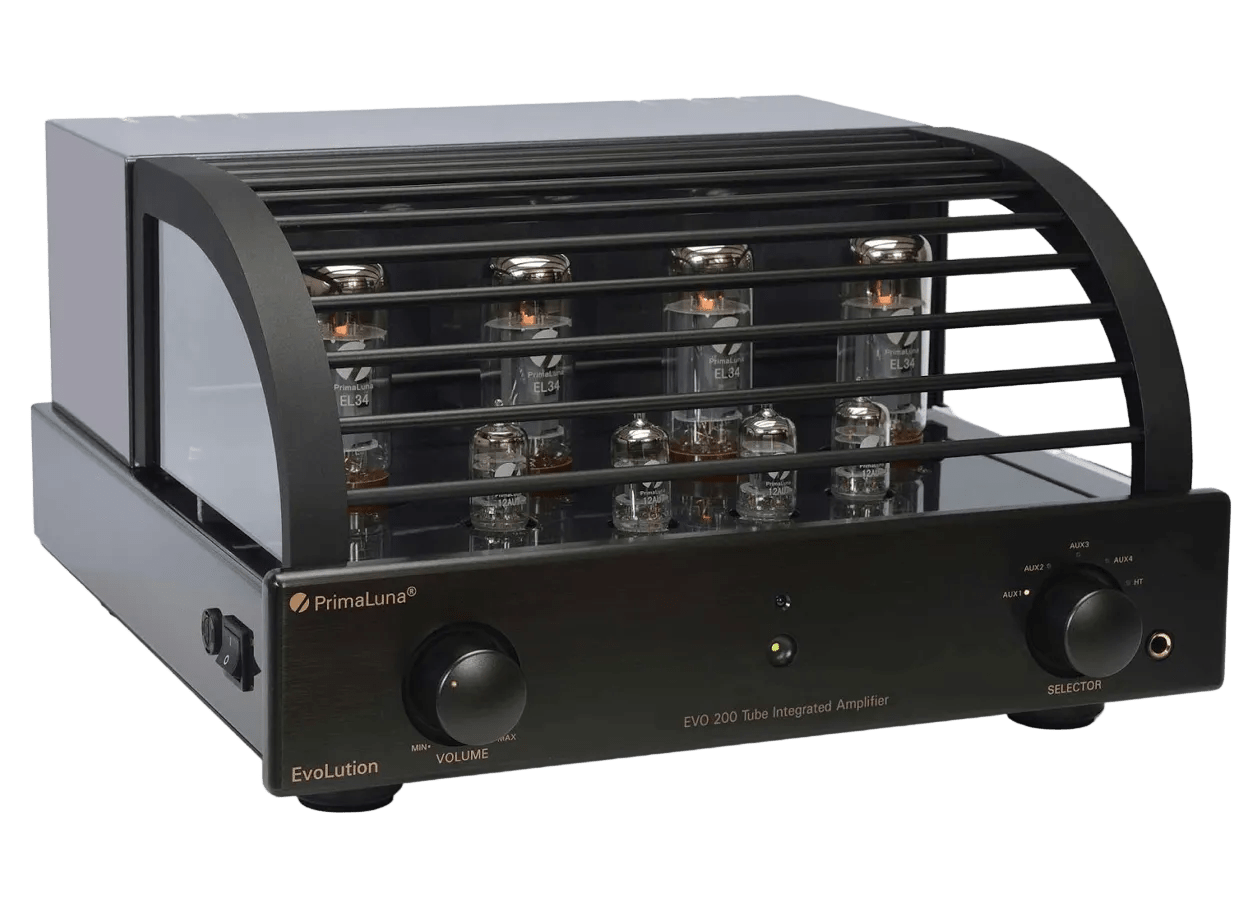 PrimaLuna EVO 200 Tube Integrated Amplifier in Black with cover, on an angle