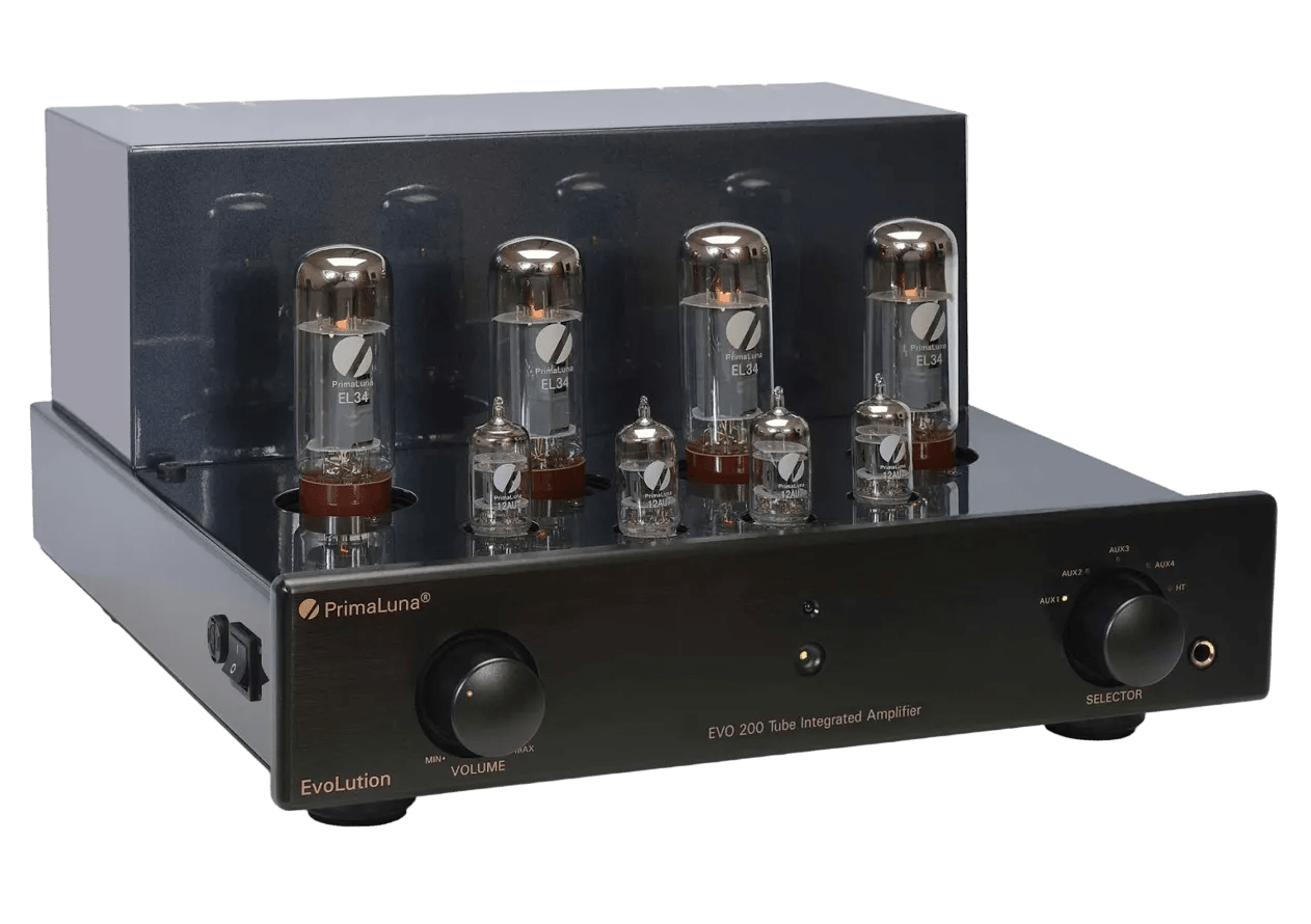 PrimaLuna EVO 200 Tube Integrated Amplifier in Black without cover, on an angle