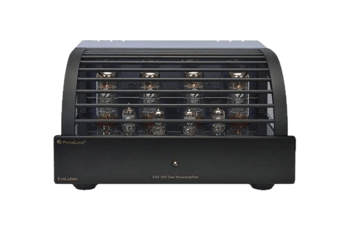 PrimaLuna EVO 200 Tube Power Amplifier, black front with grille
