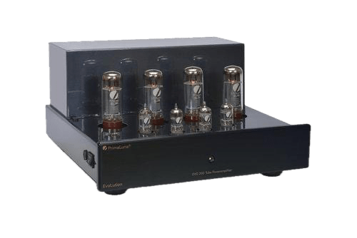 PrimaLuna EVO 200 Tube Power Amplifier, black angled without grille