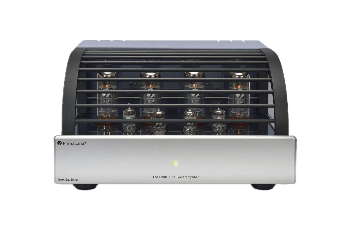 PrimaLuna EVO 200 Tube Power Amplifier, silver front with grille