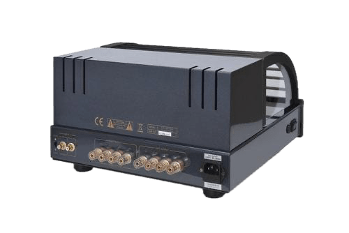 PrimaLuna EVO 200 Tube Power Amplifier, black, angled to the back and with grille