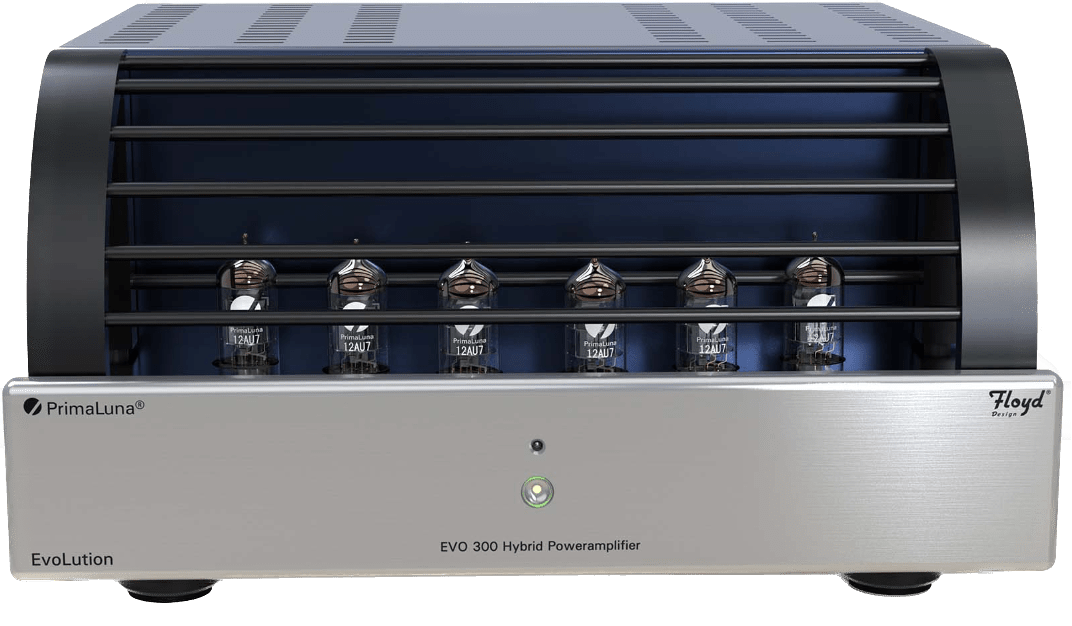 PrimaLuna EVO 300 Hybrid Power Amplifier in Silver, front with cage
