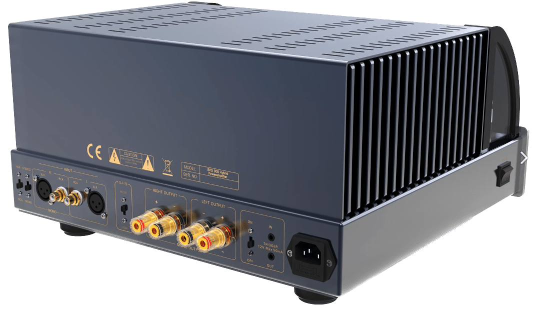 PrimaLuna EVO 300 Hybrid Power Amplifier in Silver, rear angled view with cage