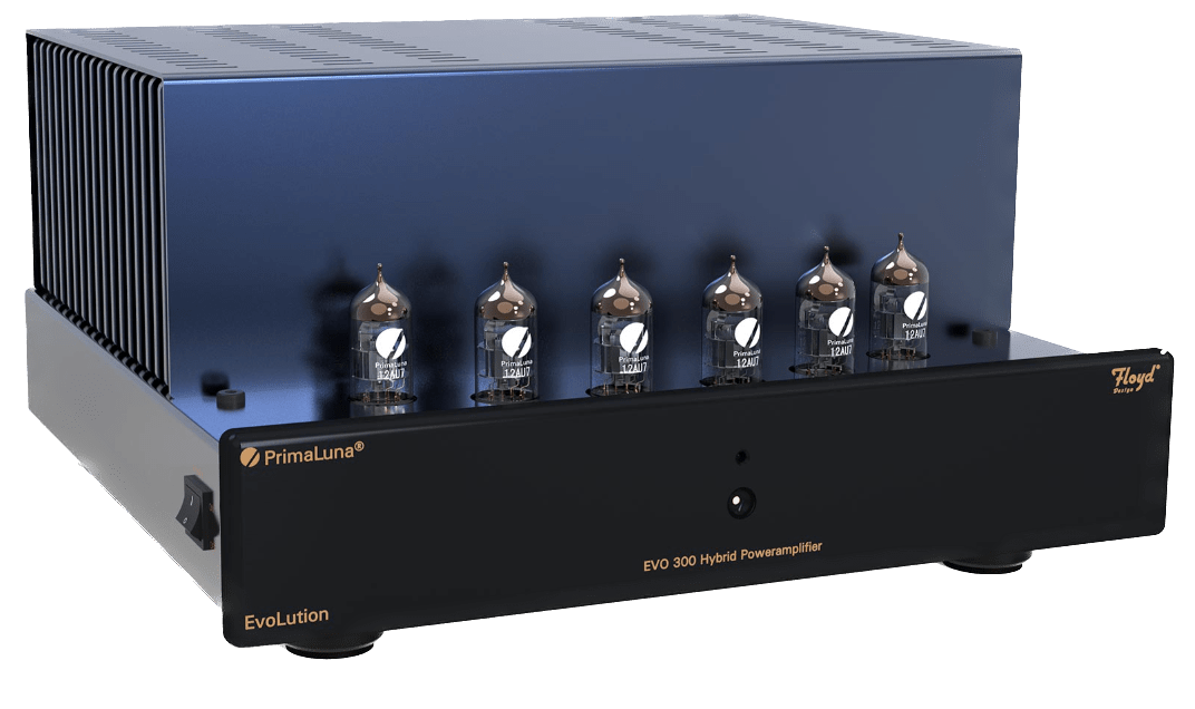PrimaLuna EVO 300 Hybrid Power Amplifier in black, angled without cage