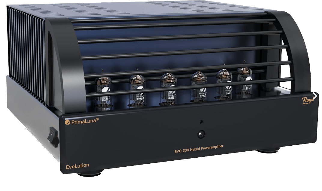 PrimaLuna EVO 300 Hybrid Power Amplifier in black, angled with cage