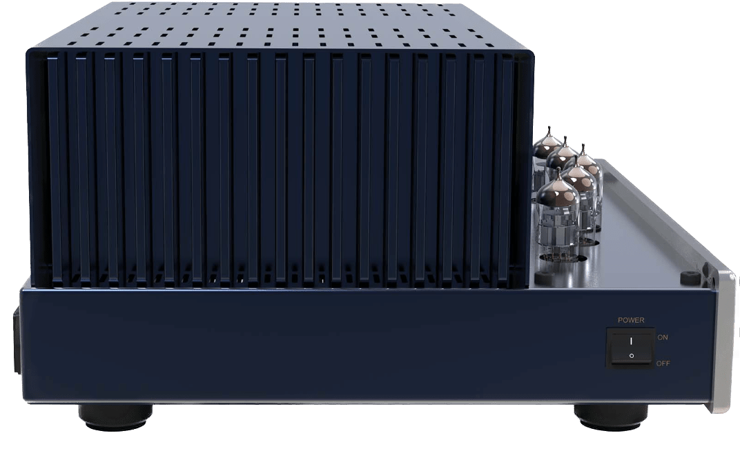 PrimaLuna EVO 300 Hybrid Power Amplifier in Silver, in profile with outcage