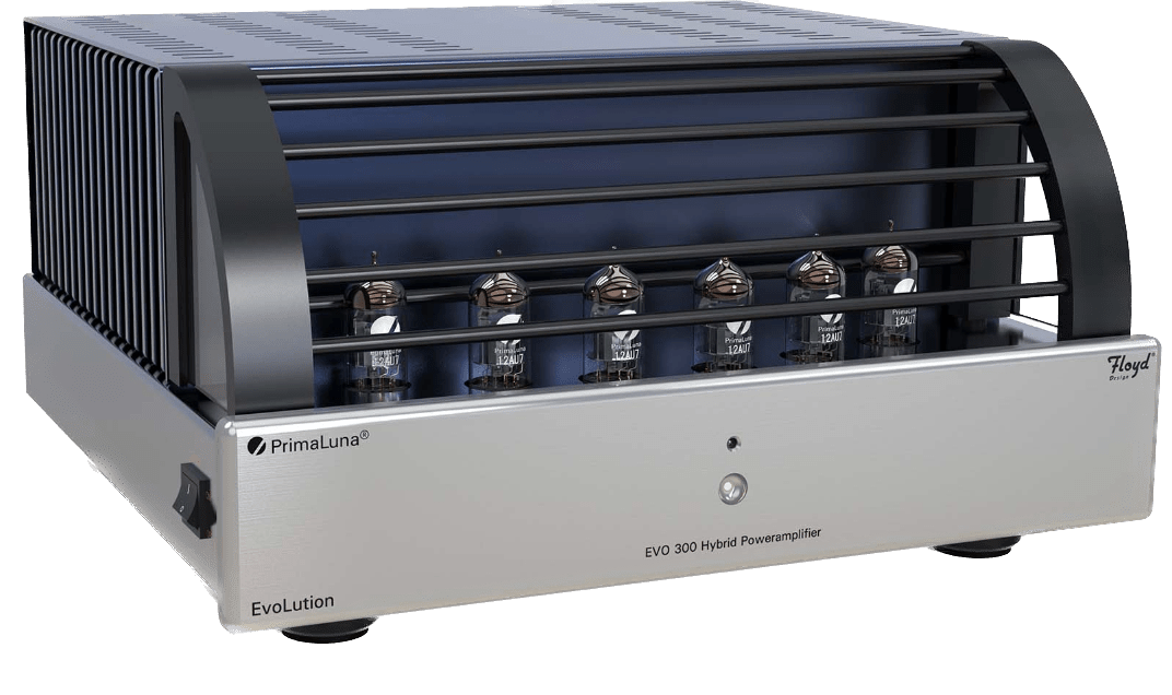 PrimaLuna EVO 300 Hybrid Power Amplifier in Silver, angled with cage