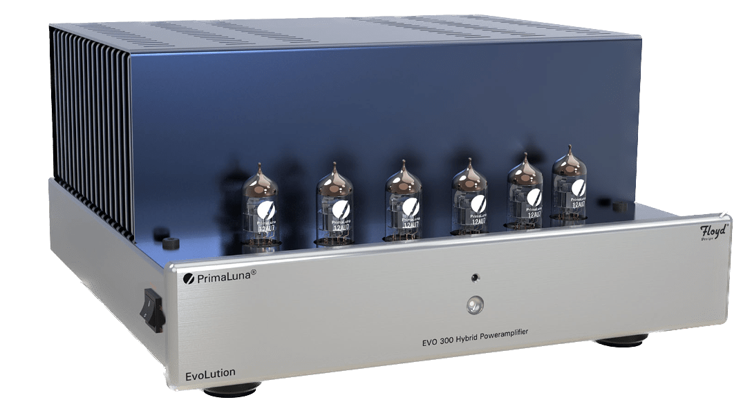 PrimaLuna EVO 300 Hybrid Power Amplifier in Silver, angled without cage