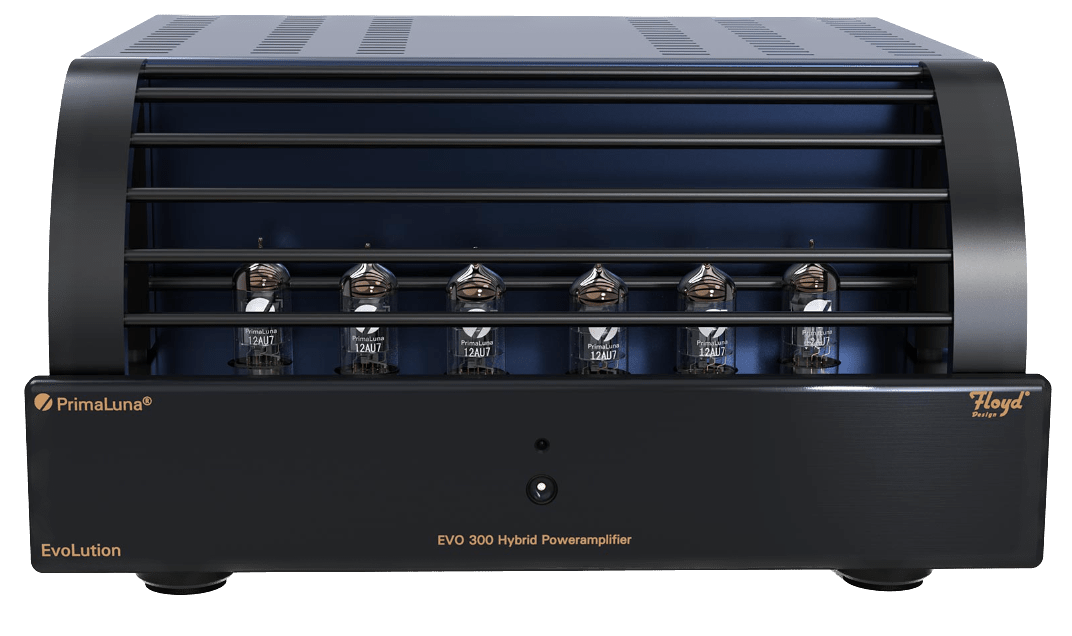 PrimaLuna EVO 300 Hybrid Power Amplifier in black, front with cage