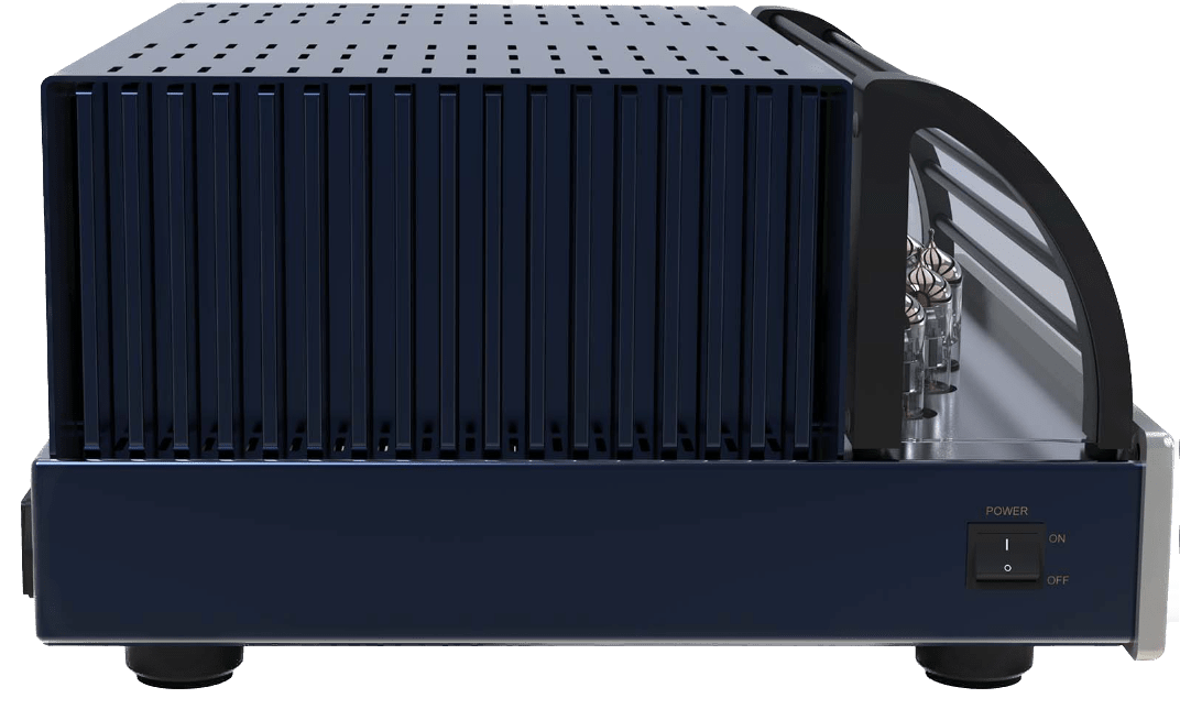 PrimaLuna EVO 300 Hybrid Power Amplifier in Silver, in profile with cage