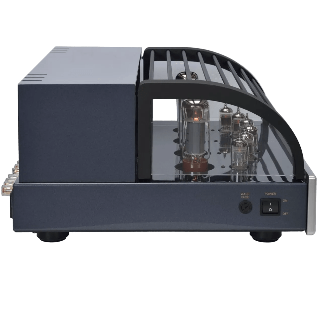 PrimaLuna EVO 300 Tube Power Amplifier in Silver with cover and on profile