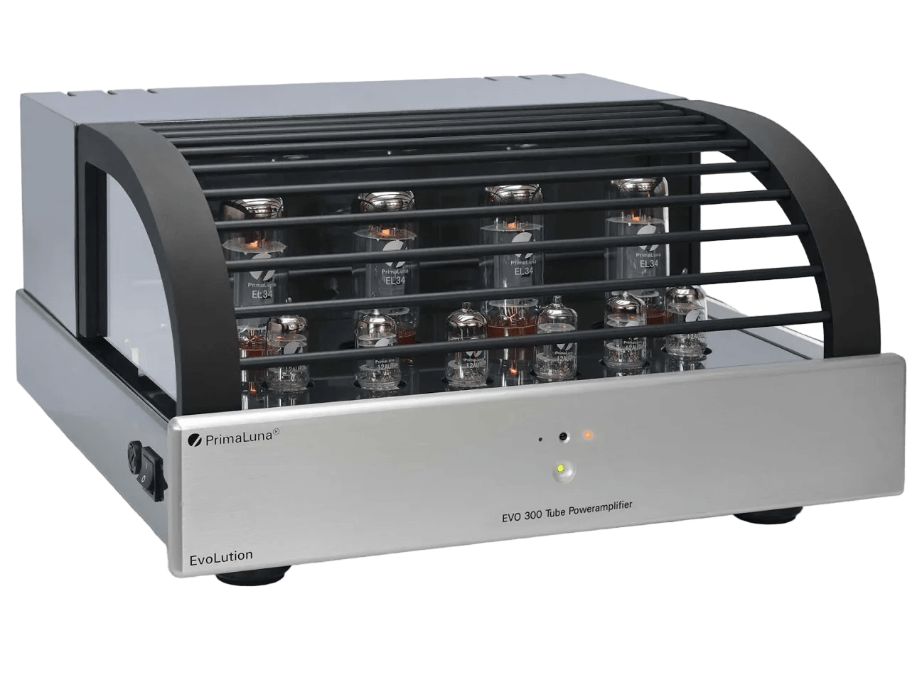 PrimaLuna EVO 300 Tube Power Amplifier in Silver with cover, angled image