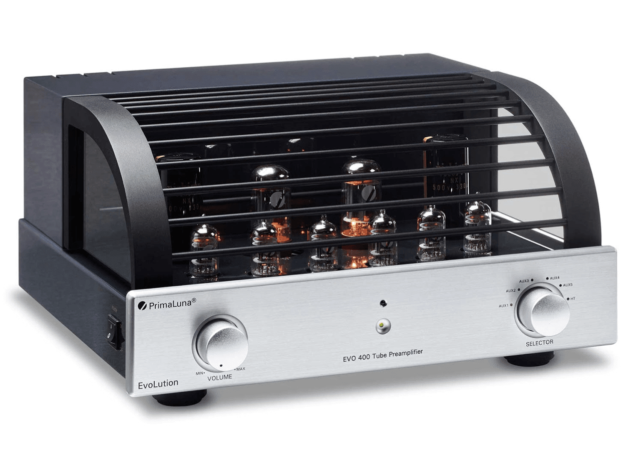 PrimaLuna EVO 400 Tube Power Amplifier in Silver with cover on an angle