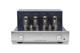 PrimaLuna EVO 300 Tube Integrated Amplifier in Silver without cover.  Front view