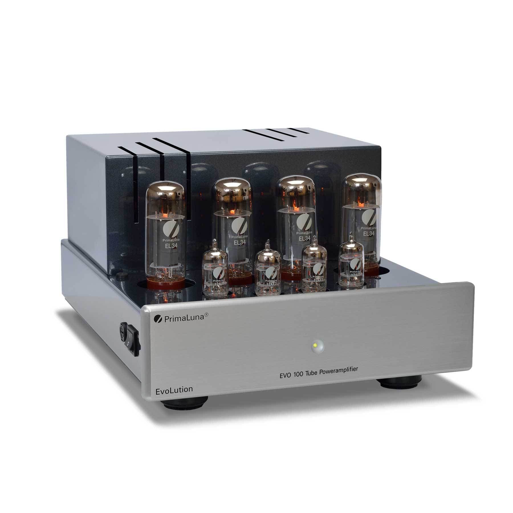 PrimaLuna EVO 100 Tube Power Amplifier in silver, on an angle