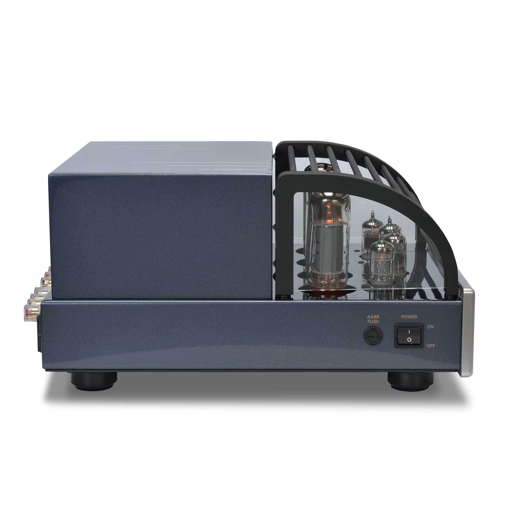 PrimaLuna EVO 100 Tube Power Amplifier in silver, profile, with cover