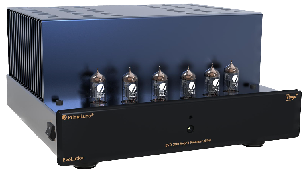 PrimaLuna EVO 300 Hybrid Power Amplifier in black, angled without cage