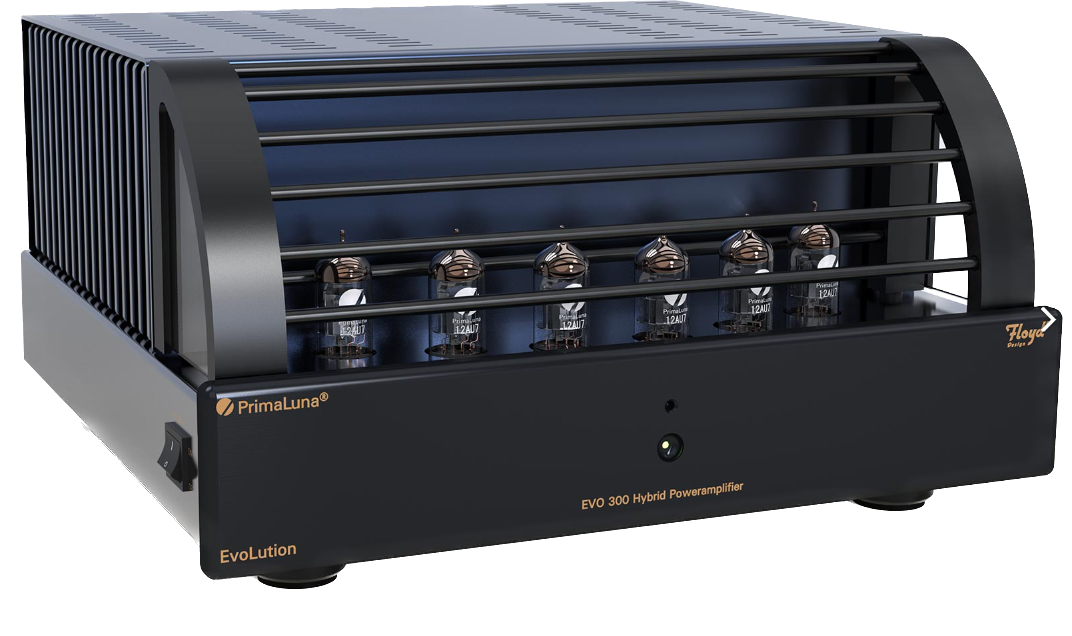PrimaLuna EVO 300 Hybrid Power Amplifier in black, angled with cage