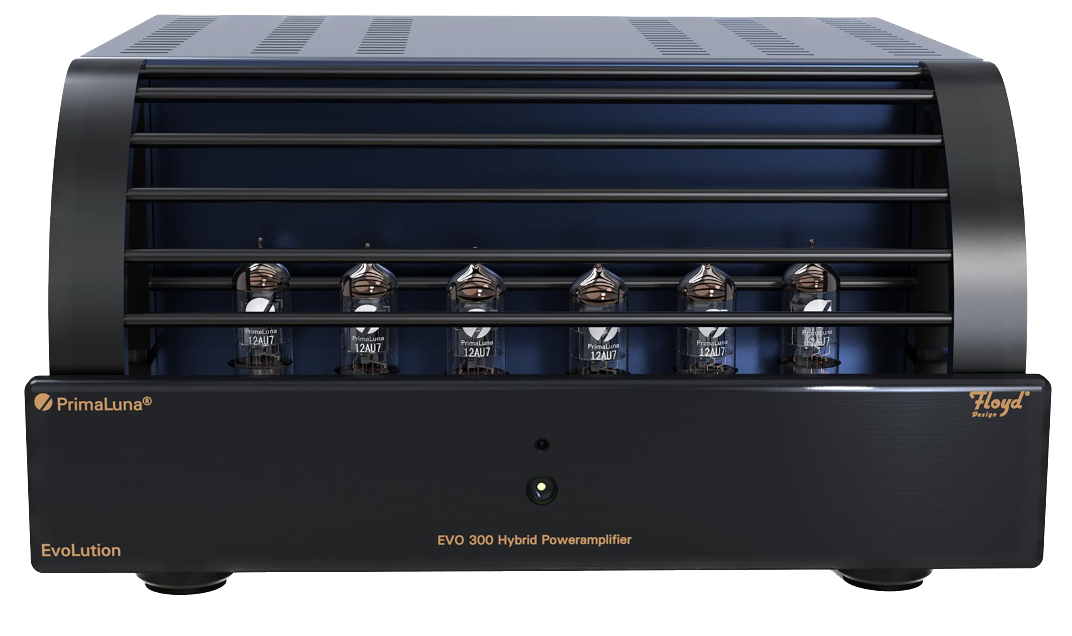 PrimaLuna EVO 300 Hybrid Power Amplifier in black, front with cage