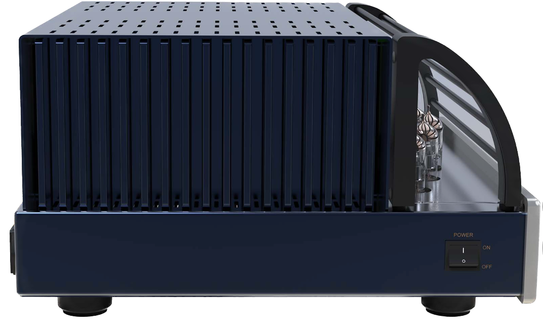 PrimaLuna EVO 300 Hybrid Power Amplifier in Silver, in profile with cage