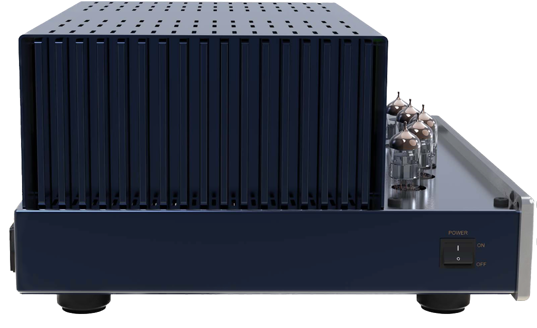 PrimaLuna EVO 300 Hybrid Power Amplifier in Silver, in profile with outcage