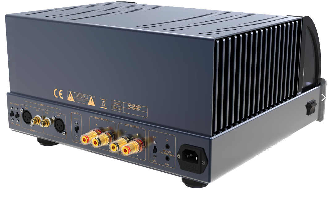 PrimaLuna EVO 300 Hybrid Power Amplifier in Silver, rear angled view with cage